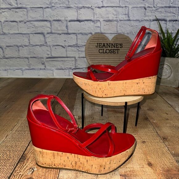 PRADA Wedge Cork Sandals Leather Platform Heels Bliss Rosso Sz 38 EU 8B US Italy - Picture 3 of 12